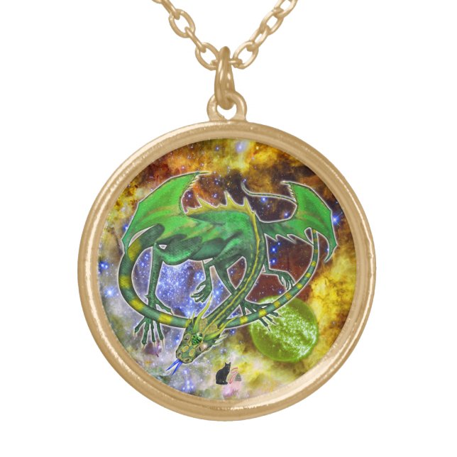 Emerald Cosmic Dragon Gold Plated Necklace (Front)