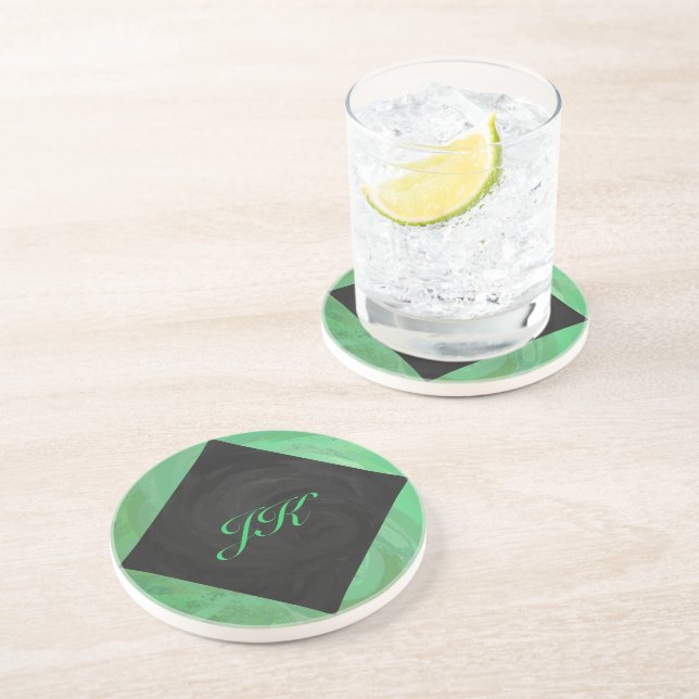 Emerald Cream and Black Monogram Drink Coaster (Side)