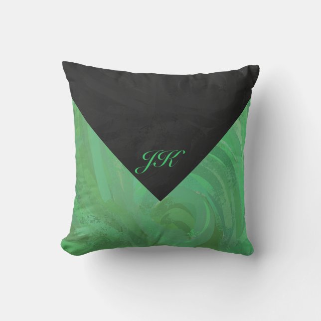 Emerald Cream and Black Monogram Throw Pillow (Front)