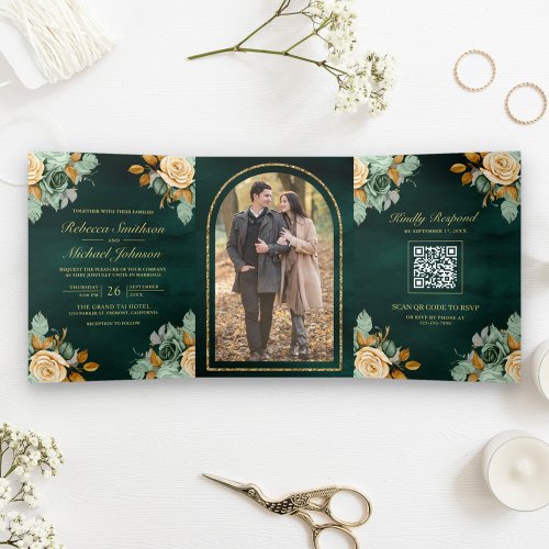 Emerald Cream Floral Gold QR Code Photo Wedding Tri_Fold Invitation