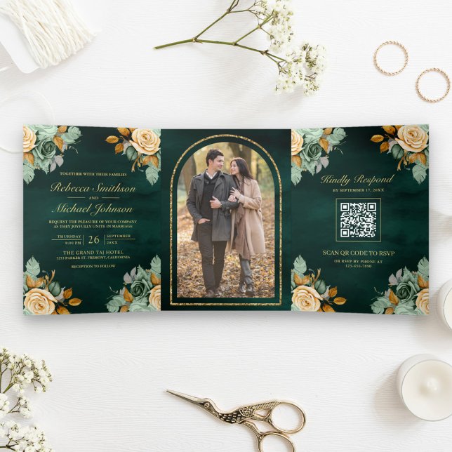 Emerald Cream Floral Gold QR Code Photo Wedding Tri-Fold Invitation (Creator Uploaded)