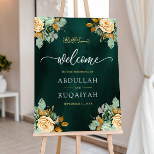 Emerald Cream Floral Muslim Wedding Welcome Sign