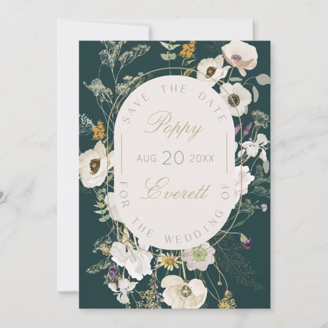 Emerald & Cream Poppy Floral Save The Date Card (Front)