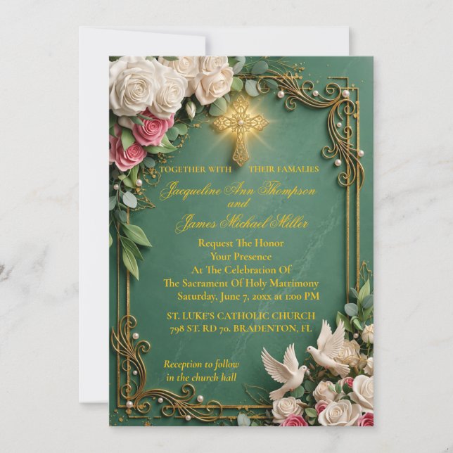 Emerald Cross & Rose Garden Wedding Invitation (Front)