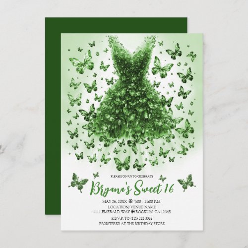 Emerald Crystal Butterfly Dress May Birthstone Invitation