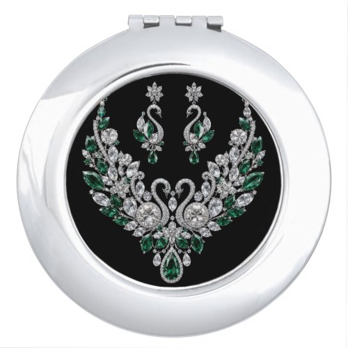 Emerald Crystal Swans | Luxury Jewelry Compact Mirror