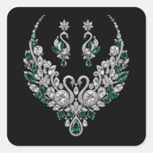 Emerald Crystal Swans Luxury Jewelry Square Sticker