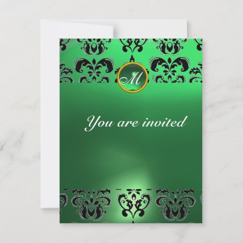 EMERALD DAMASK GEM STONE MONOGRAM green black Invitation