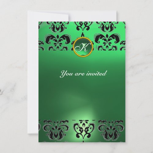 EMERALD DAMASK GEM STONE MONOGRAM green black Invitation