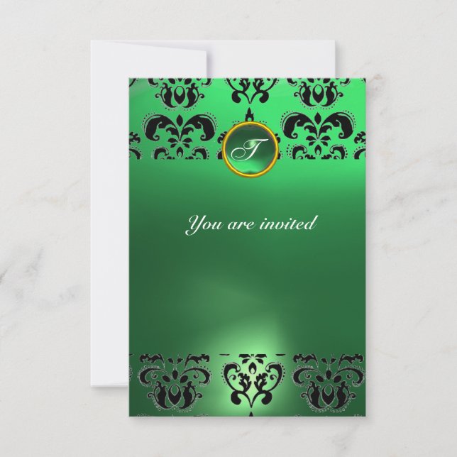 EMERALD DAMASK GEM STONE MONOGRAM green  black Invitation (Front)