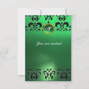 EMERALD DAMASK GEM STONE MONOGRAM green  black Invitation