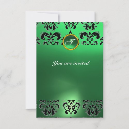 EMERALD DAMASK GEM STONE MONOGRAM green  black Invitation