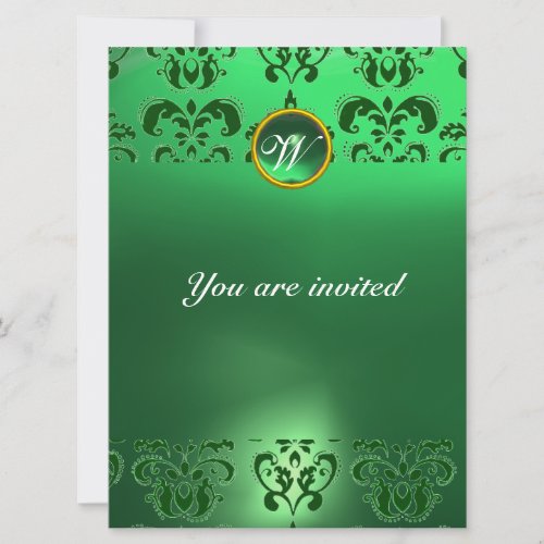 EMERALD DAMASK GEM STONE MONOGRAM green Invitation