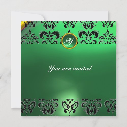 EMERALD DAMASK GEM STONE MONOGRAM green Invitation