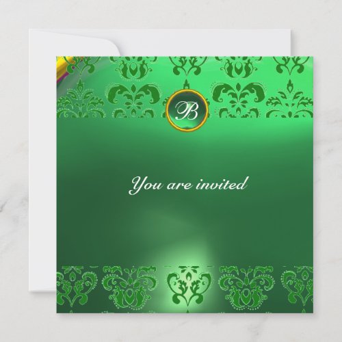 EMERALD DAMASK GEM STONE MONOGRAM green Invitation