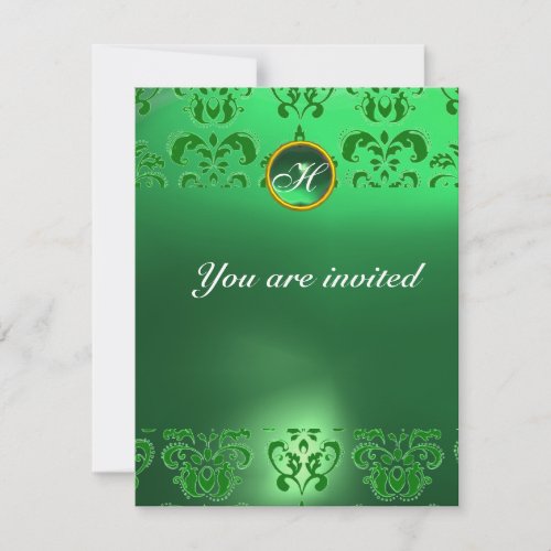 EMERALD DAMASK GEM STONE MONOGRAM green Invitation