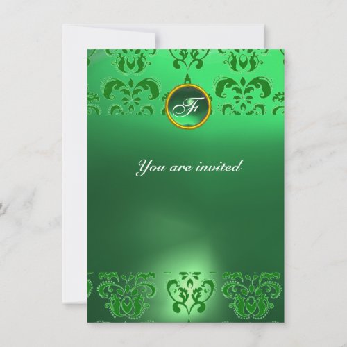 EMERALD DAMASK GEM STONE MONOGRAM green Invitation