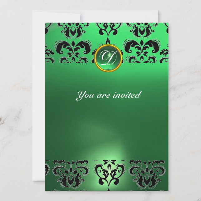 EMERALD DAMASK GEM STONE MONOGRAM green Invitation (Front)