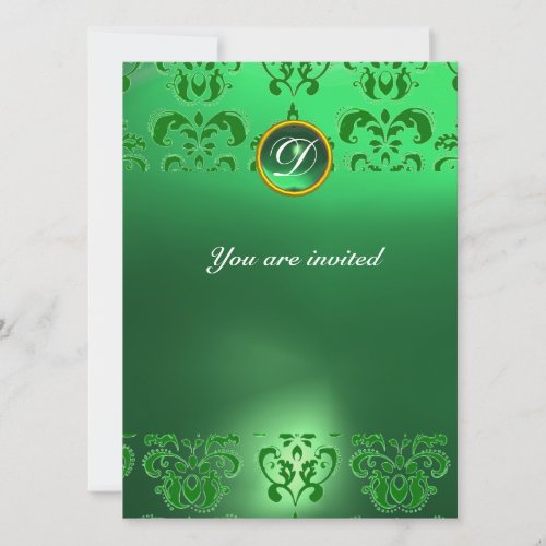 EMERALD DAMASK GEM STONE MONOGRAM green Invitation