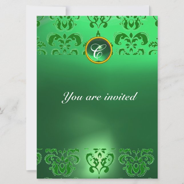EMERALD DAMASK GEM STONE MONOGRAM green Invitation (Front)