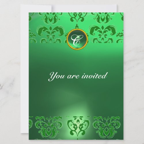 EMERALD DAMASK GEM STONE MONOGRAM green Invitation