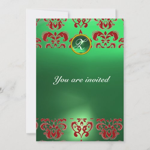 EMERALD DAMASK GEM STONE MONOGRAM green red Invitation