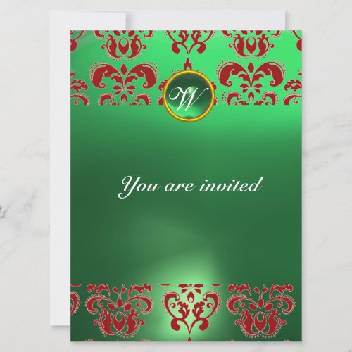 EMERALD DAMASK GEM STONE MONOGRAM green red Invitation