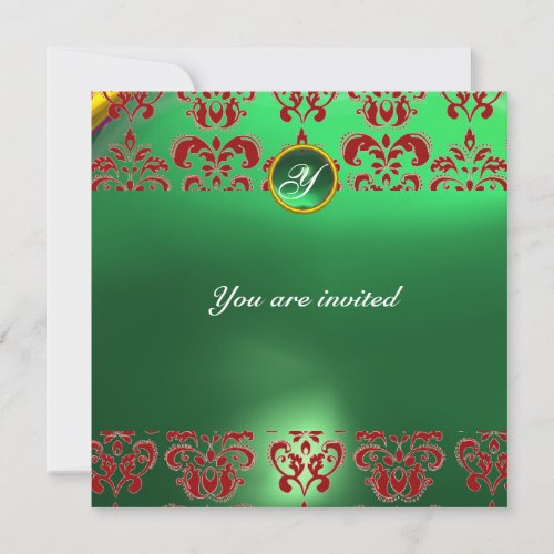 EMERALD DAMASK GEM STONE MONOGRAM green red Invitation