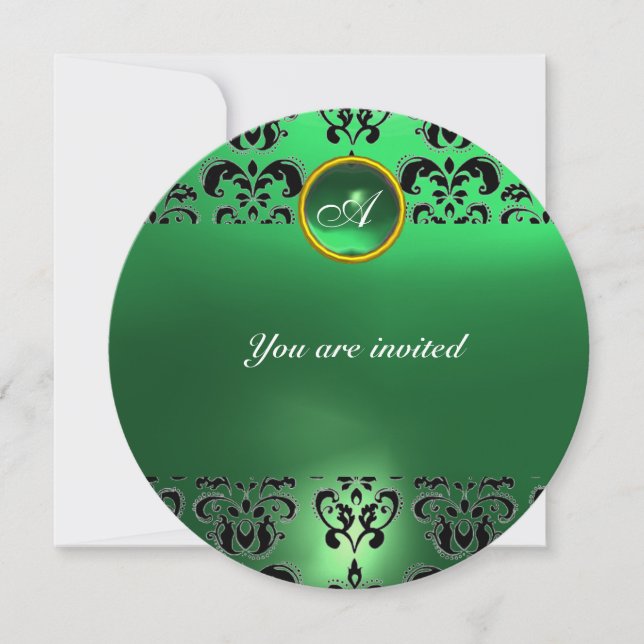 EMERALD DAMASK GEM STONE MONOGRAM green red Invitation (Front)