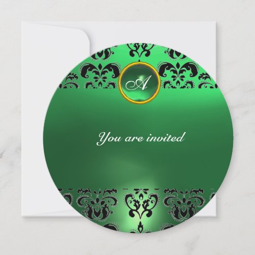 EMERALD DAMASK GEM STONE MONOGRAM green red Invitation