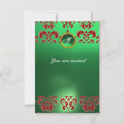 EMERALD DAMASK GEM STONE MONOGRAM green red Invitation