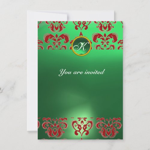 EMERALD DAMASK GEM STONE MONOGRAM green red Invitation