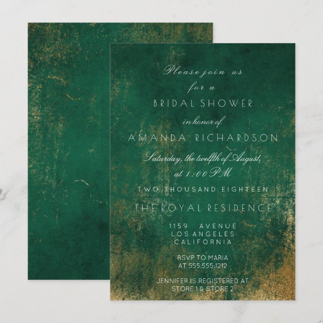 Emerald Deep Green Distressed Grungy Gold Bridal Invitation (Front/Back)