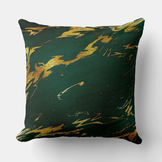 Emerald Deep Green Earth Tones Gold Marble Throw Pillow (Front)