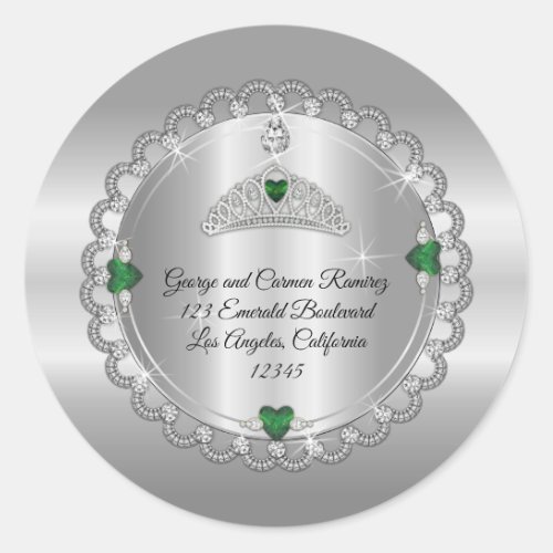 Emerald  Diamond Crown Quinceaera Return Address Classic Round Sticker