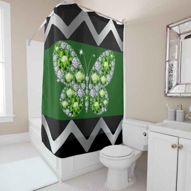 Emerald Diamonds Rhinestones Butterfly Shower Curtain (In Situ)