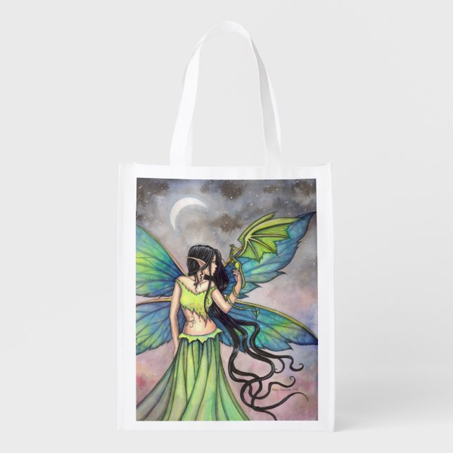Emerald Dragon Fairy Fantasy Art Reusable Grocery Bag (Front)