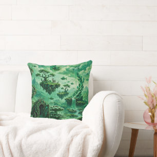 Emerald Dreams Surreal Landscape Shades of Green Throw Pillow