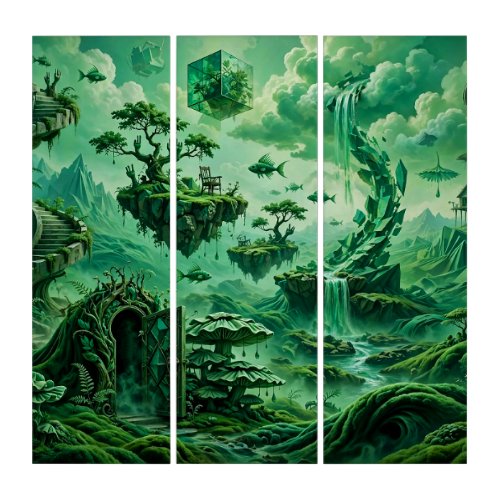 Emerald Dreams Surreal Landscape Shades of Green Triptych