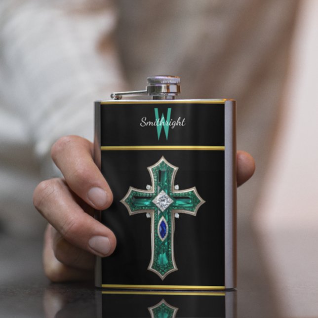 Emerald Dreamscape: A Diamond-Crusted Cross Flask (Creator Uploaded)