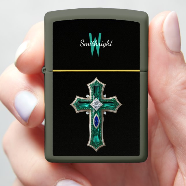 Emerald Dreamscape: A Diamond-Crusted Cross Zippo Lighter (In Hand)