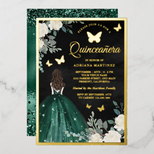 Emerald Dress Butterfly Black Quinceanera Gold Foil Invitation