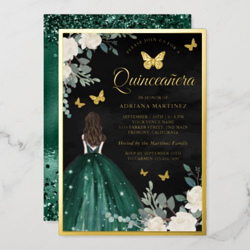 Emerald Dress Butterfly Black Quinceanera Gold Foil Invitation