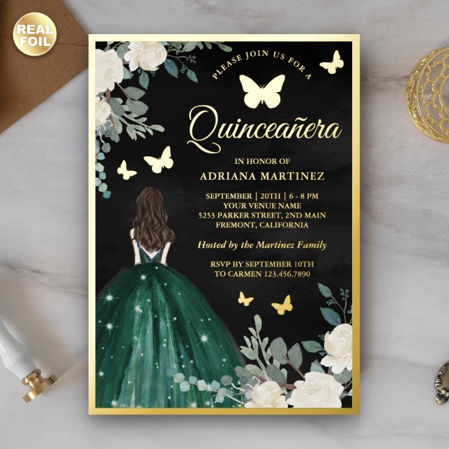 Emerald Dress Butterfly Black Quinceanera Gold Foil Invitation (Creator Uploaded)