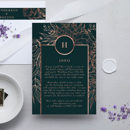 Emerald Dusty Rose Gold Monogram Wreath Wedding Enclosure Card