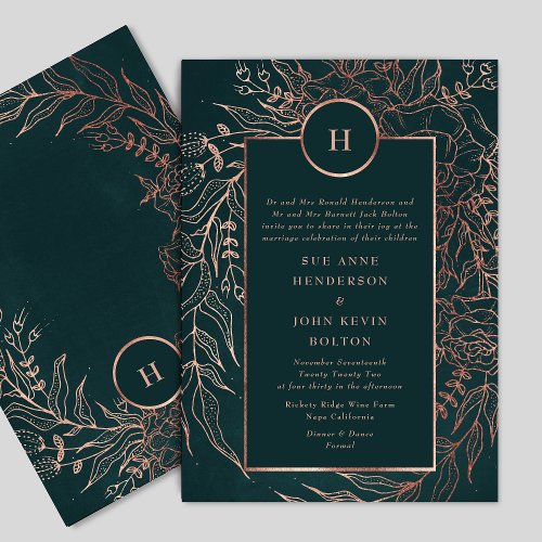 Emerald Dusty Rose Gold Monogram Wreath Wedding Invitation