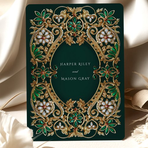 Emerald Elegance and Antique Gold Wedding Invitation