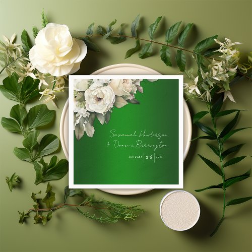 Emerald Elegance and White Rose Bouquet Wedding  Napkins
