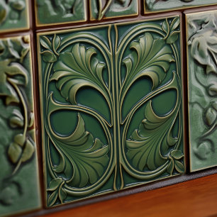 Emerald Elegance Art Nouveau Ceramic Tile