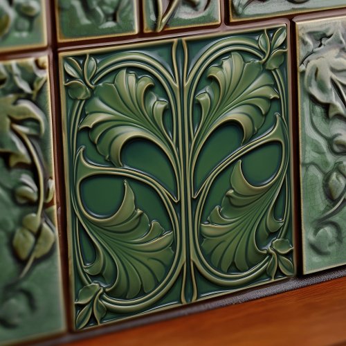 Emerald Elegance Art Nouveau Ceramic Tile